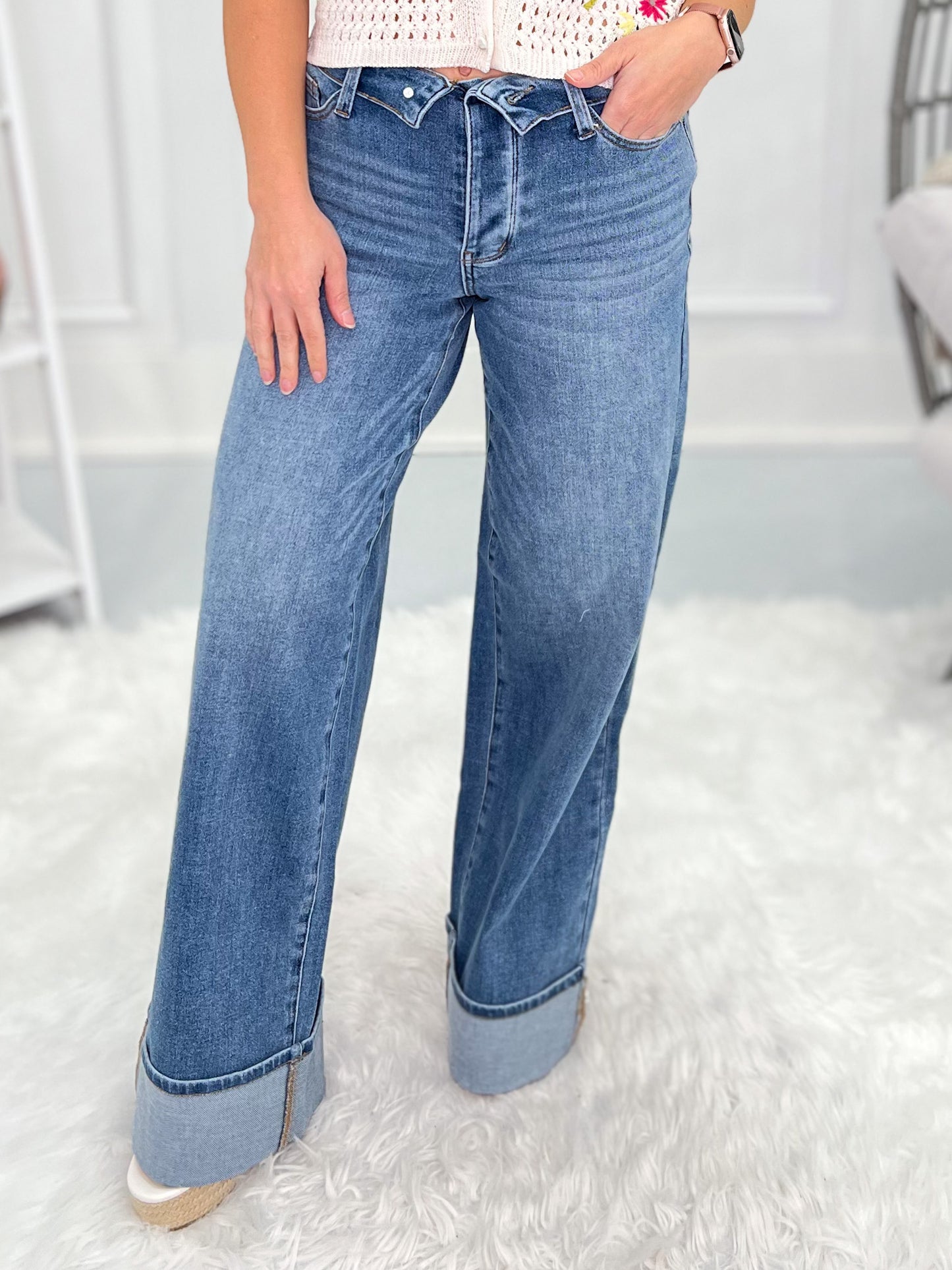 Cuff Love - Judy Blue Fold Over Waistband Straight Leg Jean