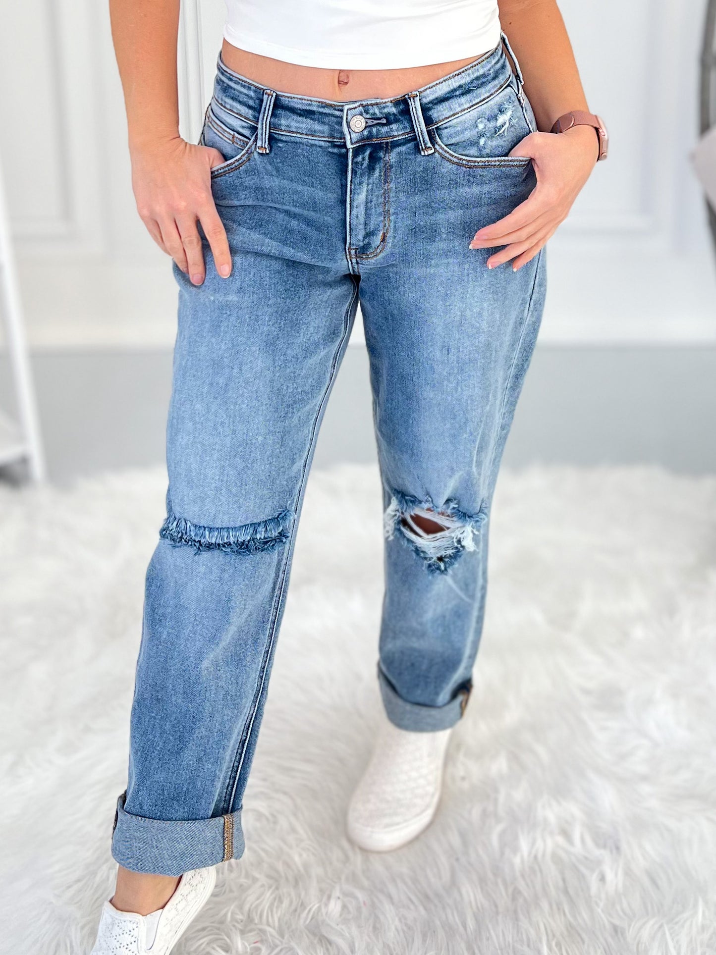 Unbothered Era - Judy Blue Distressed Cuffed Boyfriend Jean