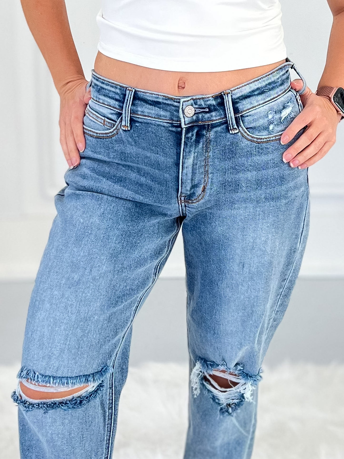 Unbothered Era - Judy Blue Distressed Cuffed Boyfriend Jean