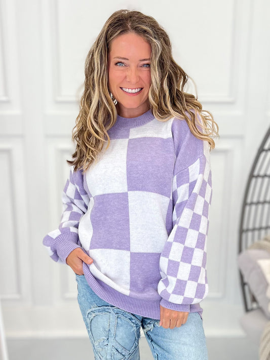 Checkered Pullover Sweater - Lavender