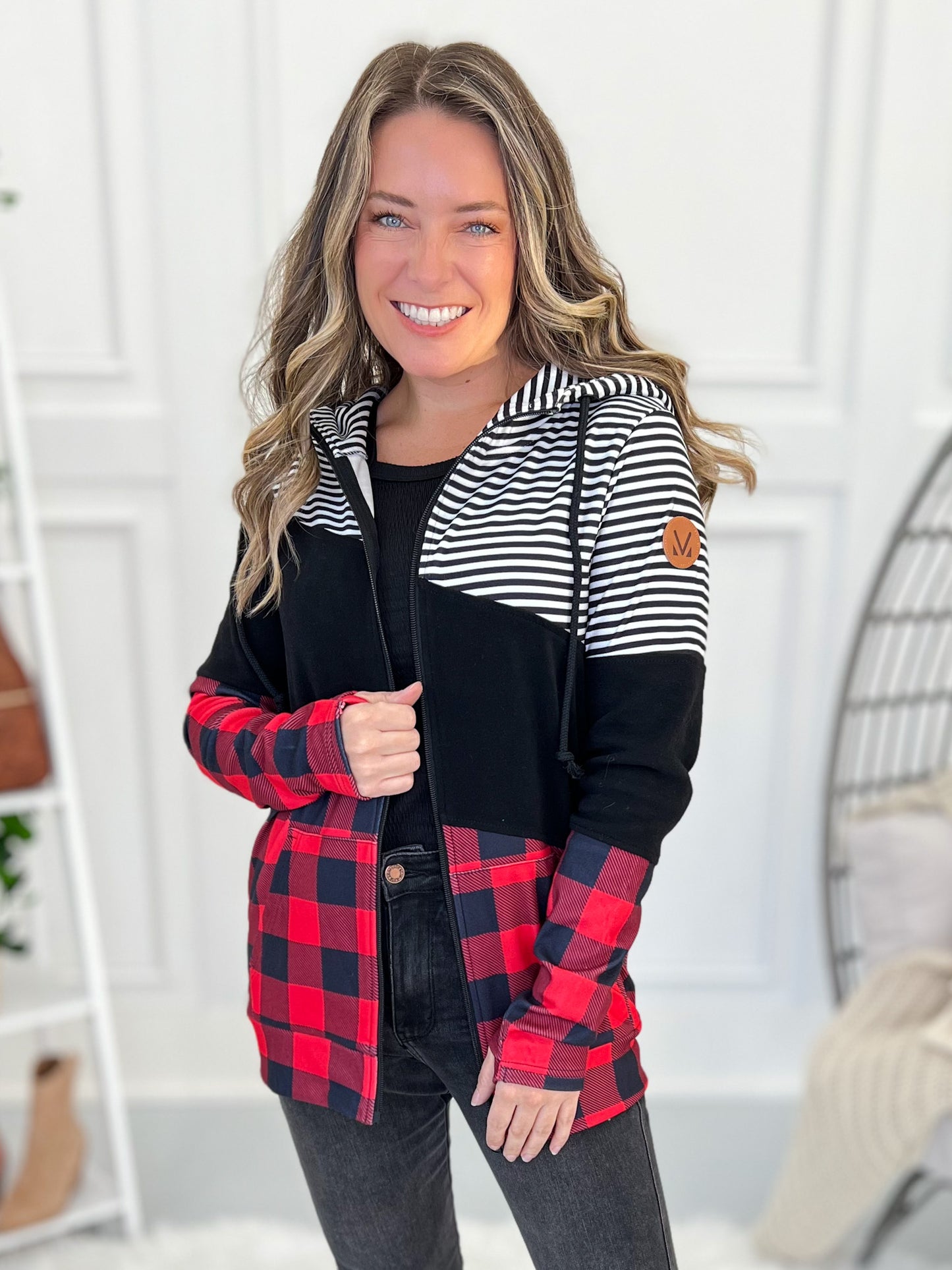 Colorblock Fullzip Hoodie - Plaid & Stripes- Final Sale