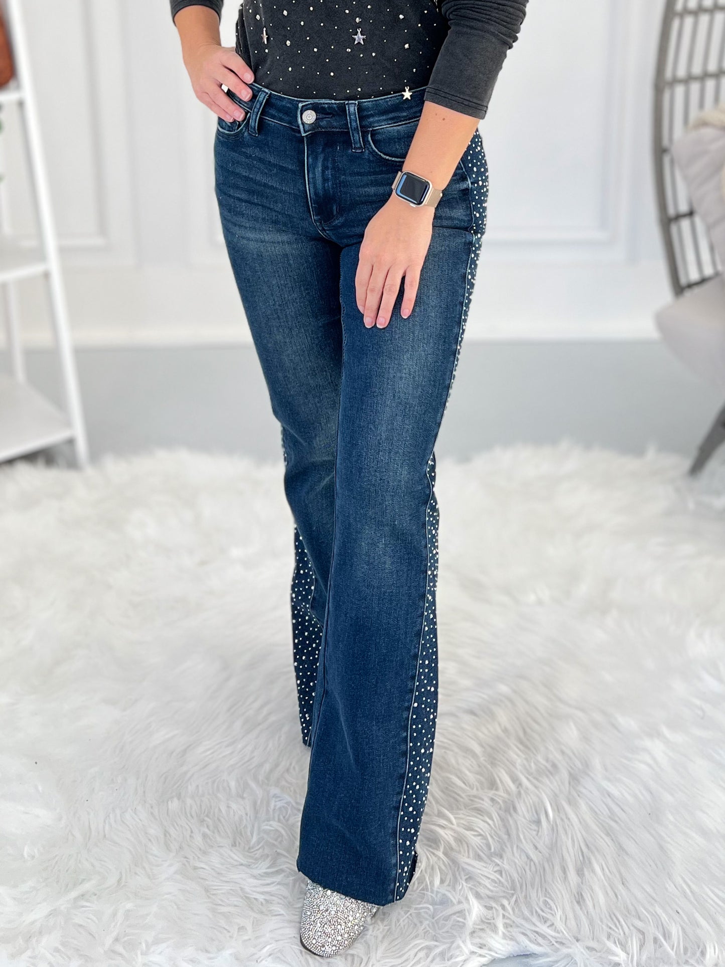 Diamond In The Rough - Judy Blue Rhinestone Detail Flare Jeans