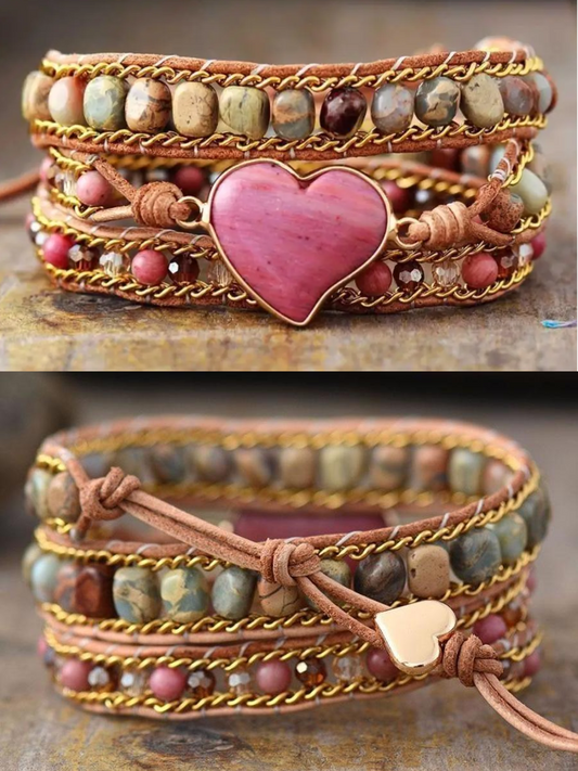 Rhodonite & Jasper Heart Wrap Bracelet