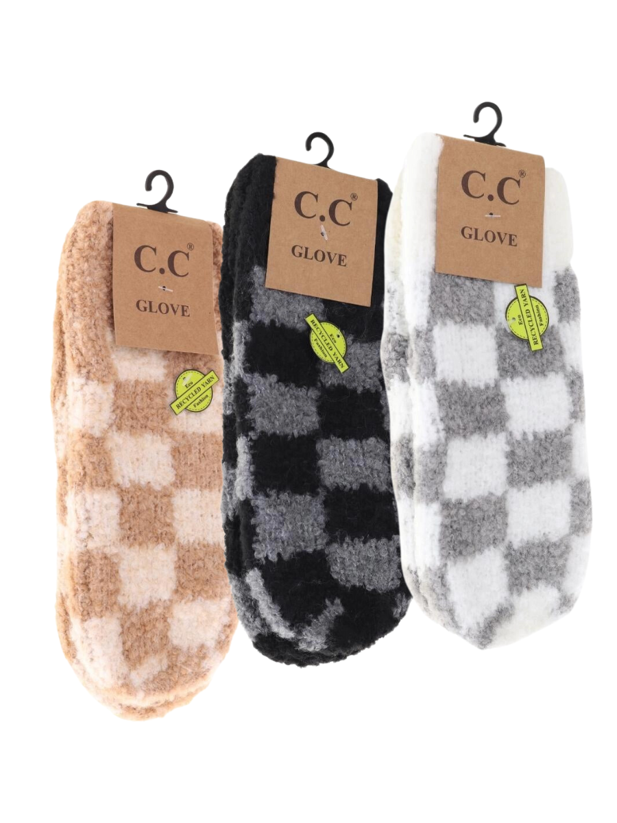 Boucle Checkered Pattern Mittens