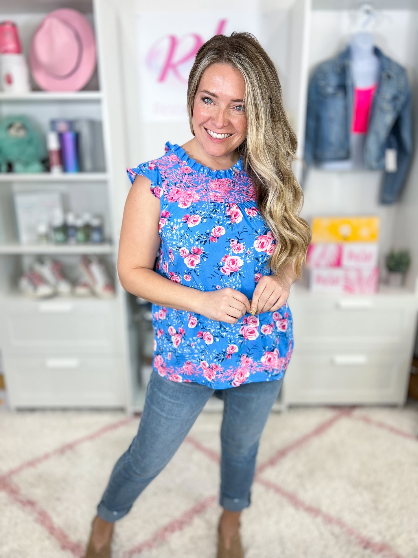 Blues and Blooms Flutter Sleeve Top  - Final Sale