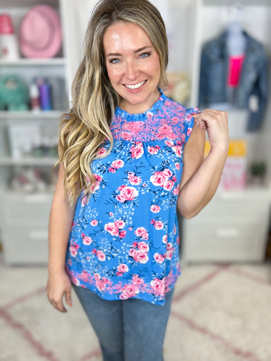 Blues and Blooms Flutter Sleeve Top