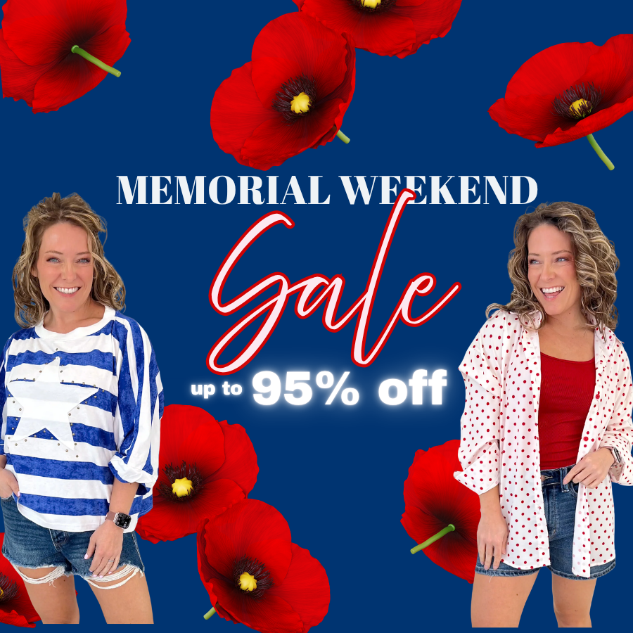 Memorial Weekend Sale banner featuring boutique women’s clothing, Judy Blue denim, dresses, tops, shoes, and accessories with savings up to 95% off at Resort To Style.