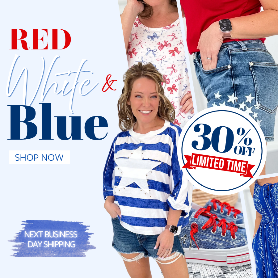 Women’s patriotic boutique clothing with trendy red, white and blue summer styles