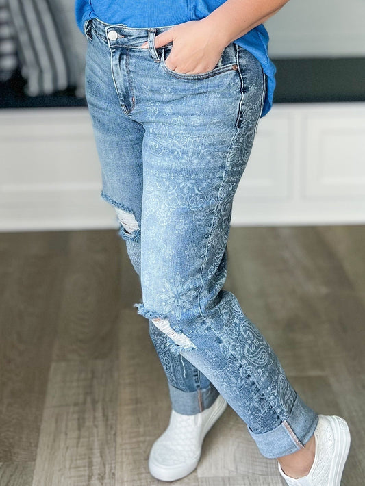 Judy Blue Destroyed Paisley Print Boyfriend Jean