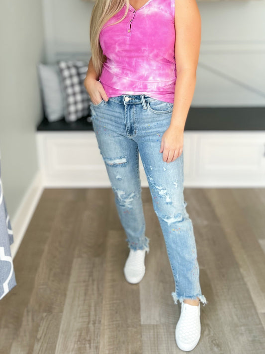 Work Of Art - Judy Blue Destroyed Paint Splatter Boyfriend Jeans