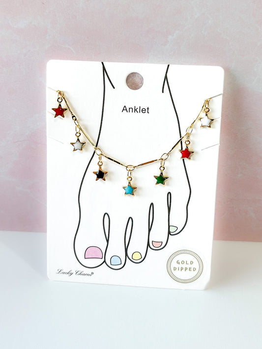 Gold Dipped Colorful Star Charm Anklet