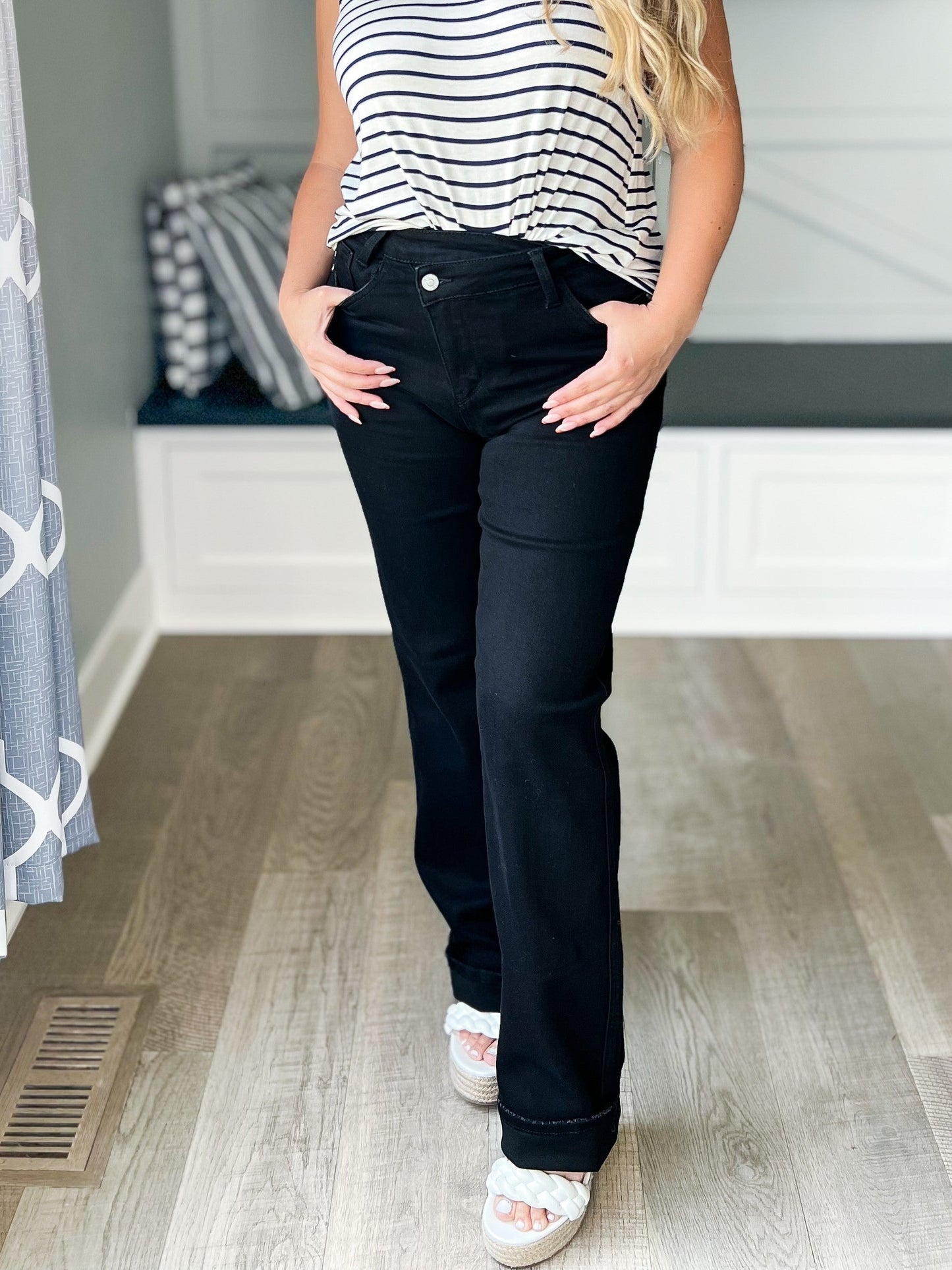 All In - Judy Blue Criss Cross Waistband  Black Straight Jeans